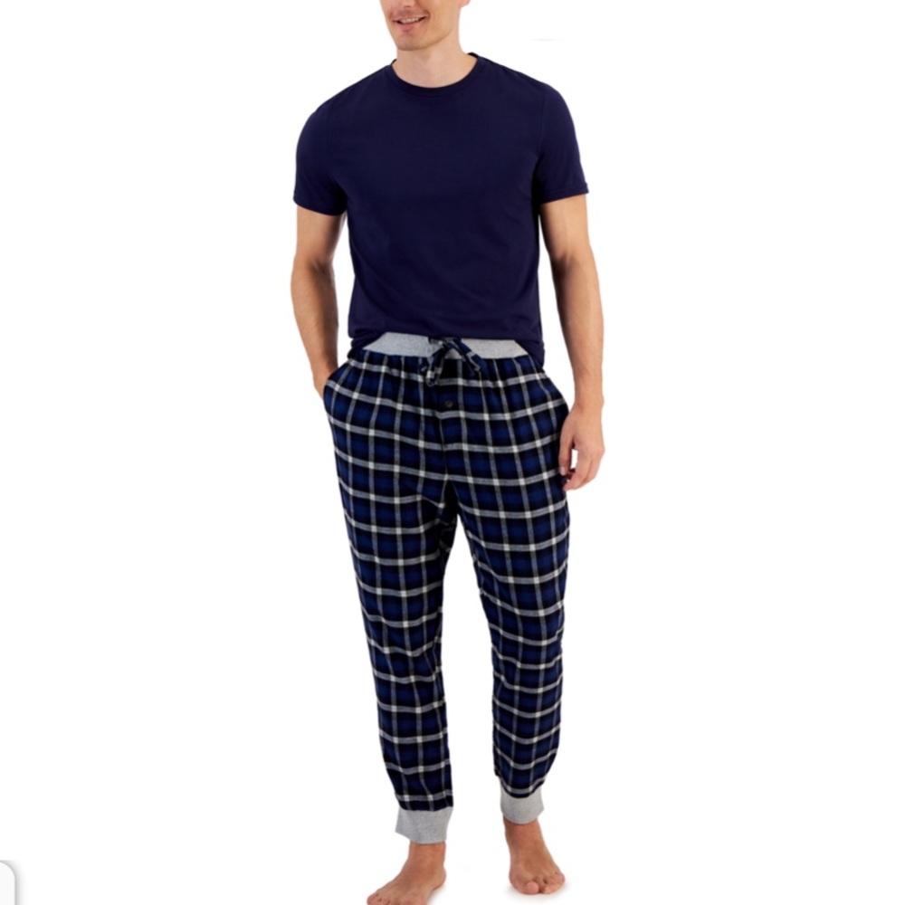 NEW! Navy Blue T-Shirt and Plaid Pajama Pants Set Size Medium